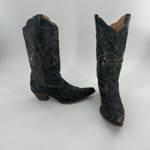 Corral Vintage C2108 Women’s Sz 10 Cowboy Boots Black Lizard Distressed Leather